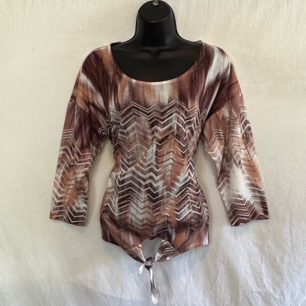 A-31 New Directions Brown & White Waist Tie Pullover Blouse Size L